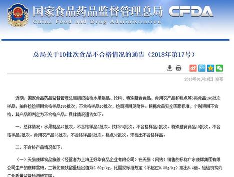 国家食药监总局:抽检食品196批次不合格10批次